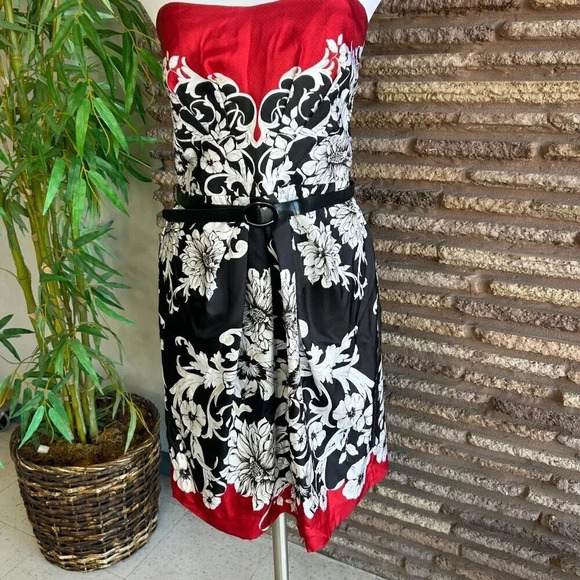 White House Black Market 100% Silk Red and Black Strapless Party Dress Size 12 - Picture 7 of 7